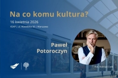 plakat reklamujący wydarzenie - z tytułem, datą i zdjęciem prelegenta, w tle sala muzealna