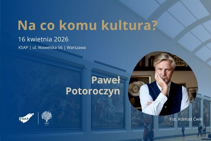 plakat reklamujący wydarzenie - z tytułem, datą i zdjęciem prelegenta, w tle sala muzealna